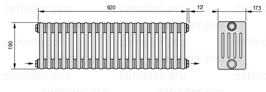 Схема (чертеж) Радиатор Zehnder Charleston 5019/20 №2670 Белый глянцевый RAL 9016
